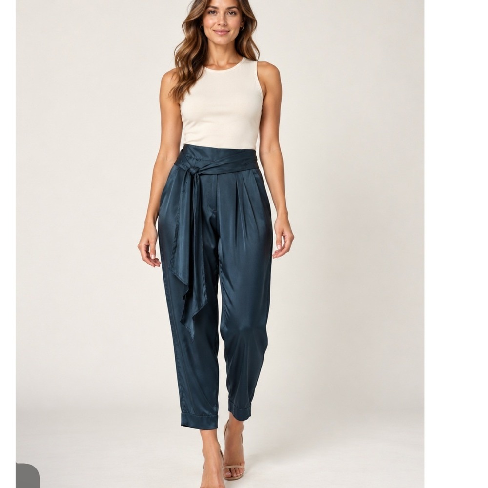 Anthropologie Ettitwa Teal Satin Pleated Tie Waist Pants 6 NWT Minimalist
